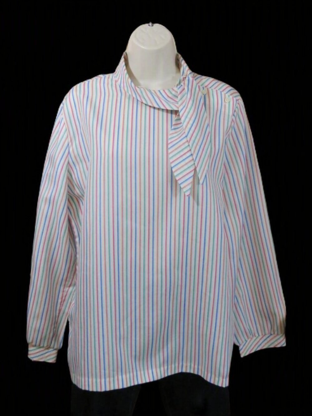 Vtg 80s Lady Devon Striped Secretary Blouse Bow High Neck Top Size 16-18
